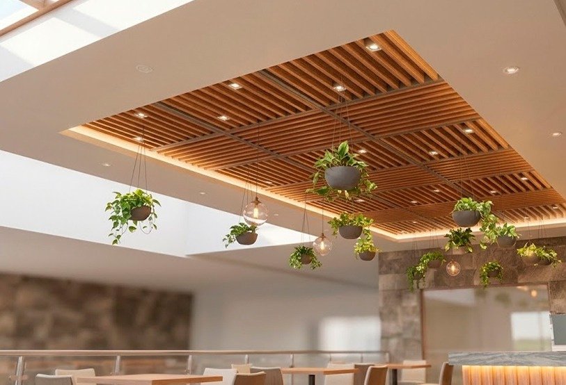 Architectural Acoustic Wood Baffles and Sound Clouds Installation Austin TX